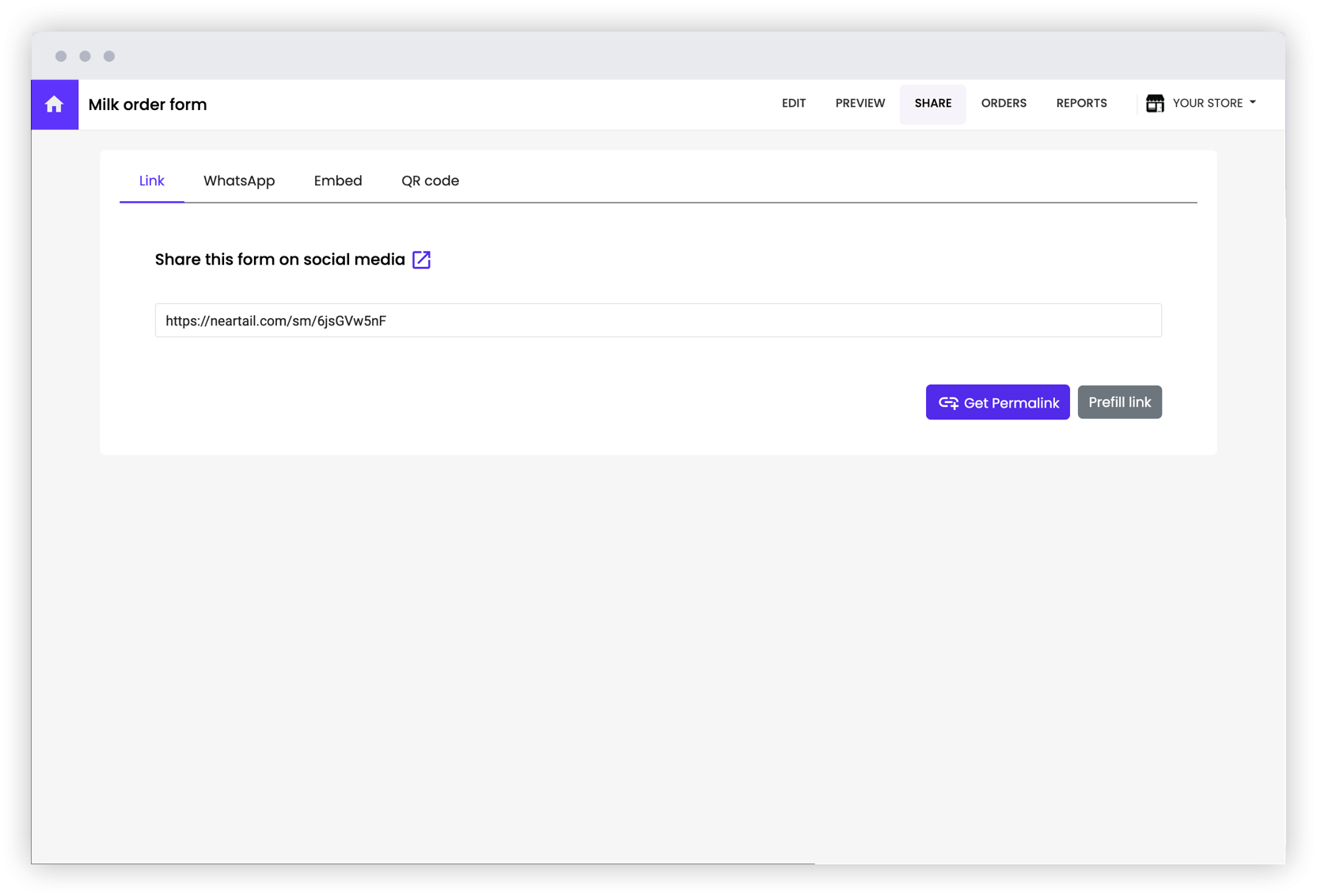 Share your form link on social media, email or whatsapp to take online orders from your users