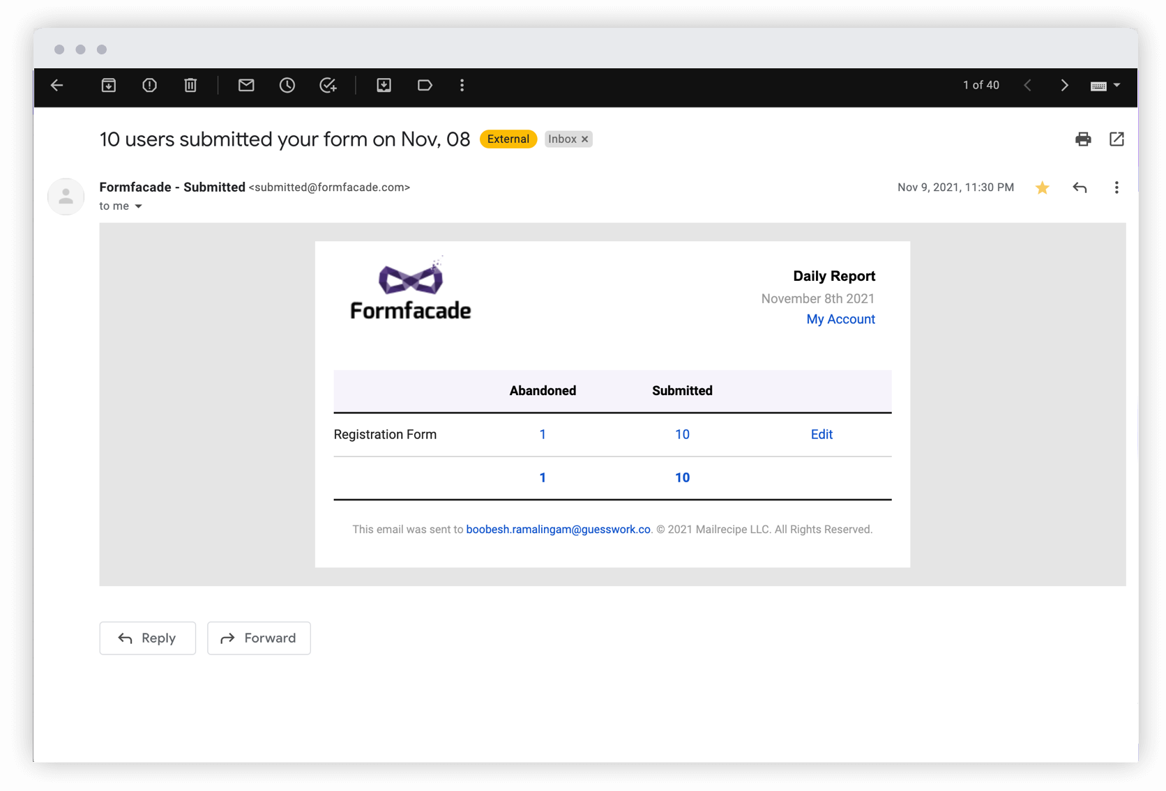 Keep track of your form activity with the daily notification email that includes a summary of your responses